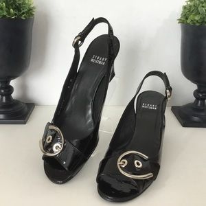 Stuart Weitzman Black Patent Peep Toe Wedges, 8M